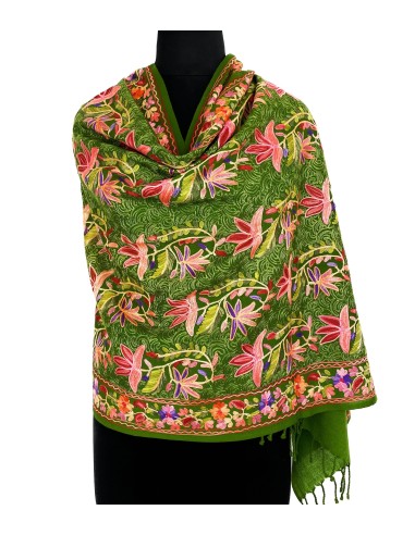 Hand Aari Work Pure Wool Scarf With Leaf Flower Embroidery