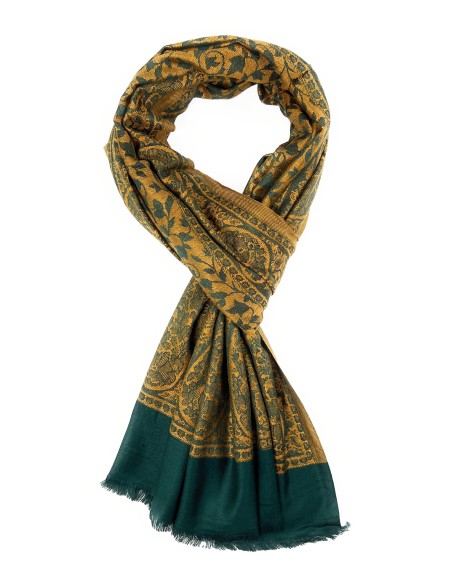 Dual Tone Reversible Self Jacquard 4 Side Paisley Border Stole for Women - Green