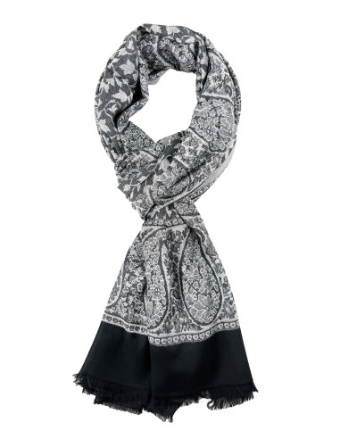 Dual Tone Reversible Self Jacquard 4 Side Paisley Border Stole for Women - Black Grey