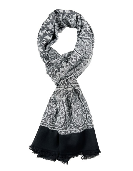 Dual Tone Reversible Self Jacquard 4 Side Paisley Border Stole for Women - Black Grey