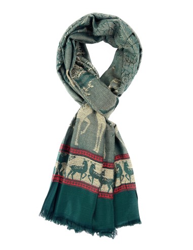 Dual Tone Reversible Self Jacquard Deer Pattern Scarf for Women - Green