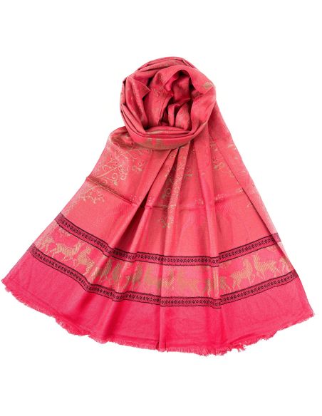 Dual Tone Reversible Self Jacquard Deer Pattern Scarf for Women - Hot Pink