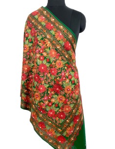 Boho Style Kashmiri Aari Embroidery Crochet Multi Flower Fine Wool Stole - Handcrafted Elegance from India