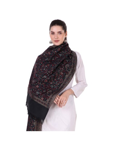 Kani Work Wool Zari Stole/Scarf - Charcoal/Grey Jacquard Design